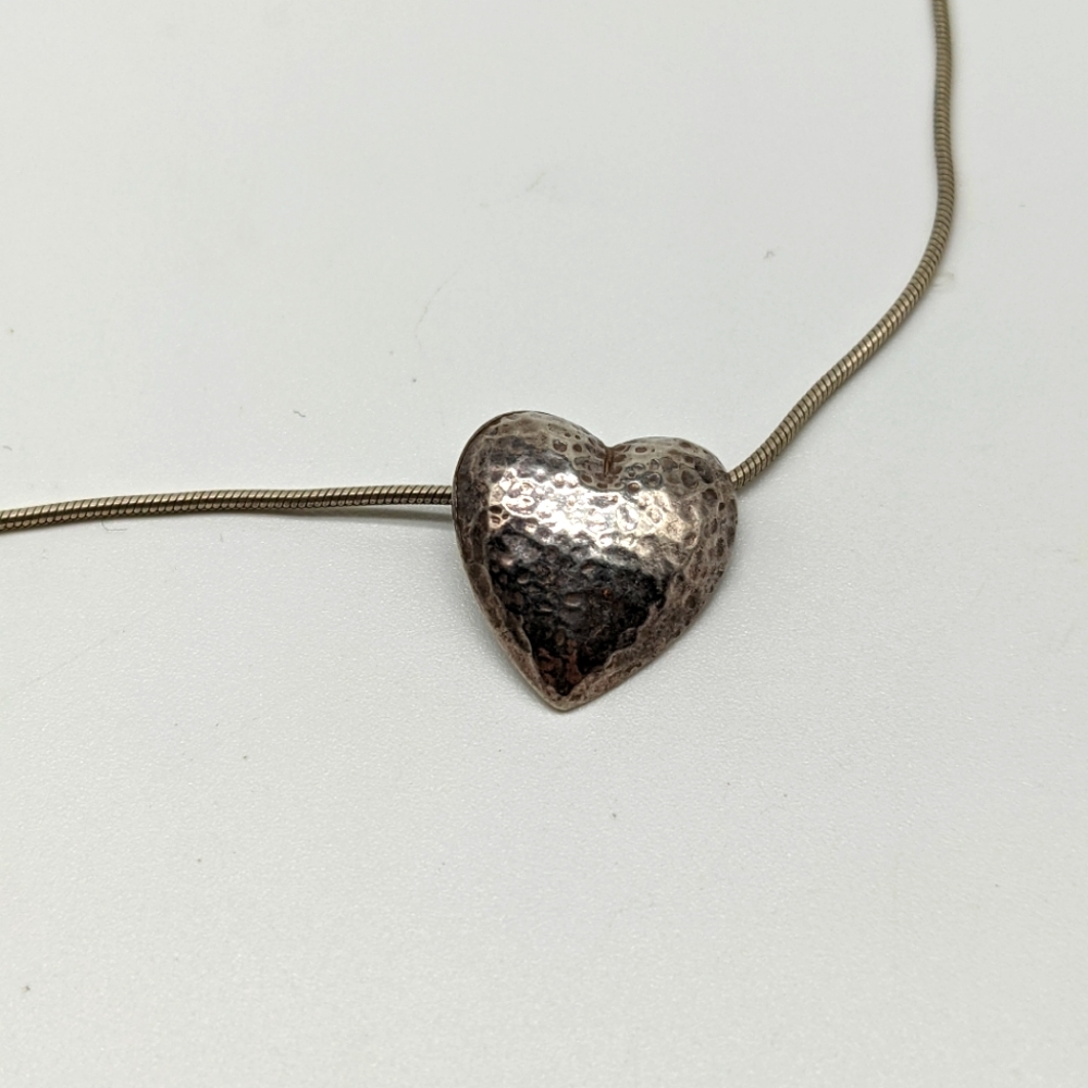 Hammered Finish Sterling Silver Heart Pendant and Italian Silver Chain